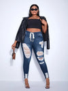 Drawstring Waist Ripped Frayed Hem Skinny Jeans ( Size US12 - US20)