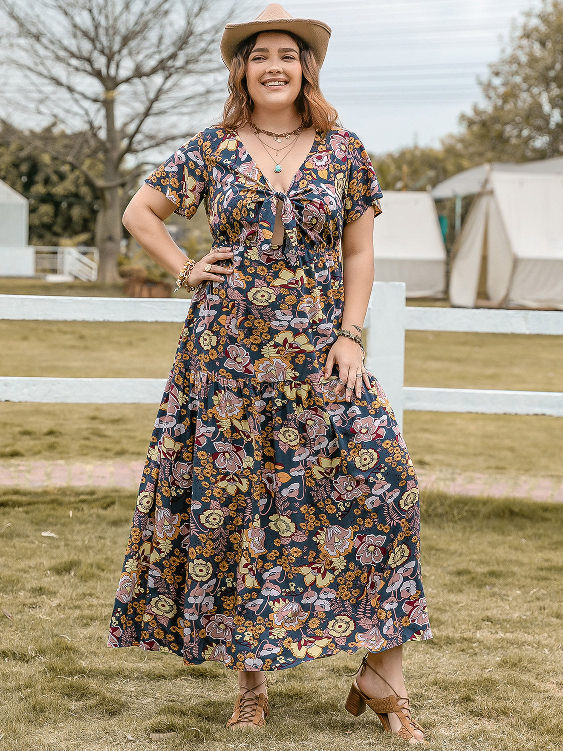 Tied Printed Short Sleeve Midi Dress