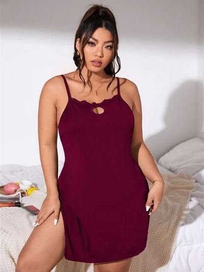 Keyhole Neck Lace Trim Slit Side Backless Nightdress