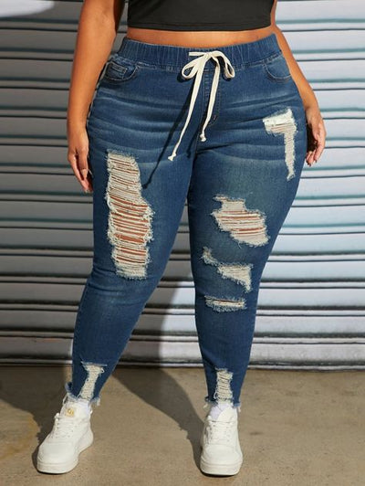 Drawstring Waist Ripped Raw Cut Skinny Jeans ( size US22 - US30)