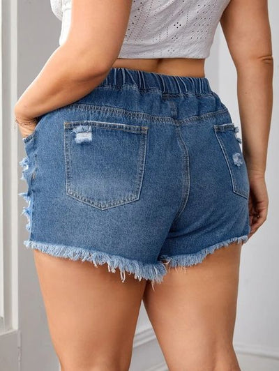 Drawstring Waist Ripped Raw Cut Denim Shorts (US12 - US20)