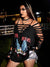 Eagle & Letter Graphic Ladder Cut Out Cold Shoulder Tee