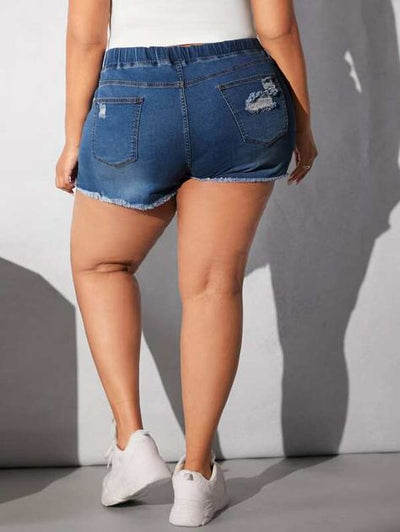 Drawstring Waist Ripped Raw Cut Denim Shorts (Size US22- US30)