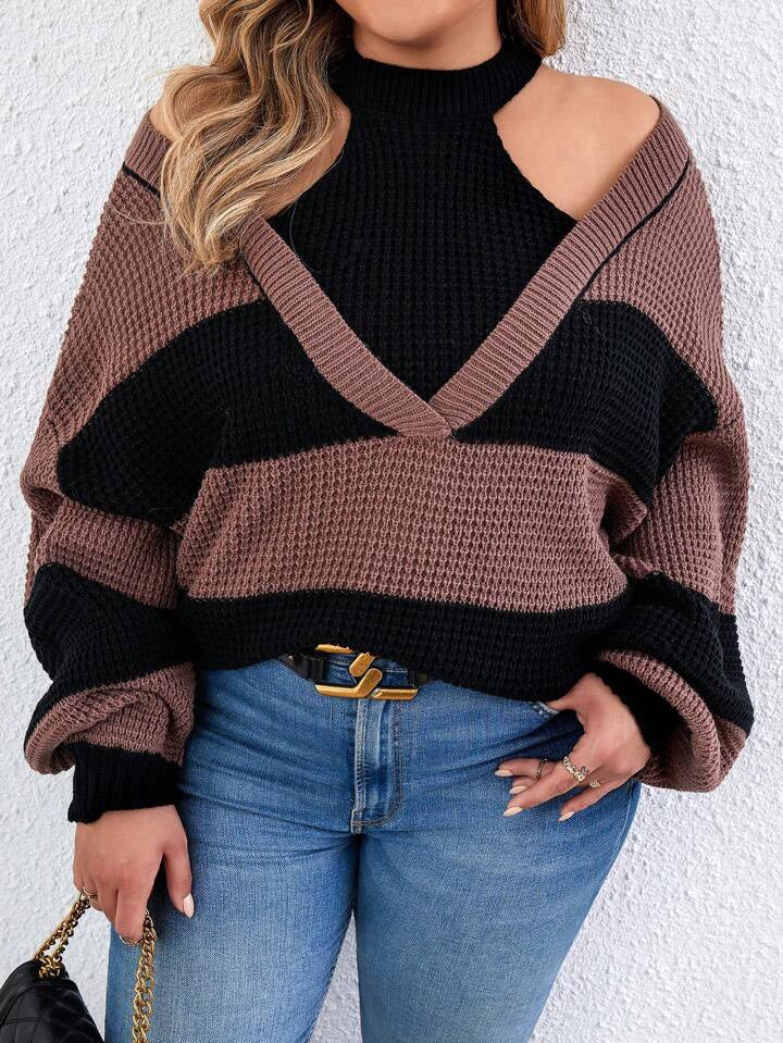 Two Tone Cold Shoulder 2 In 1 Sweater CS1011