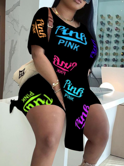 Pink Letter Print Split Shorts Set CB6081