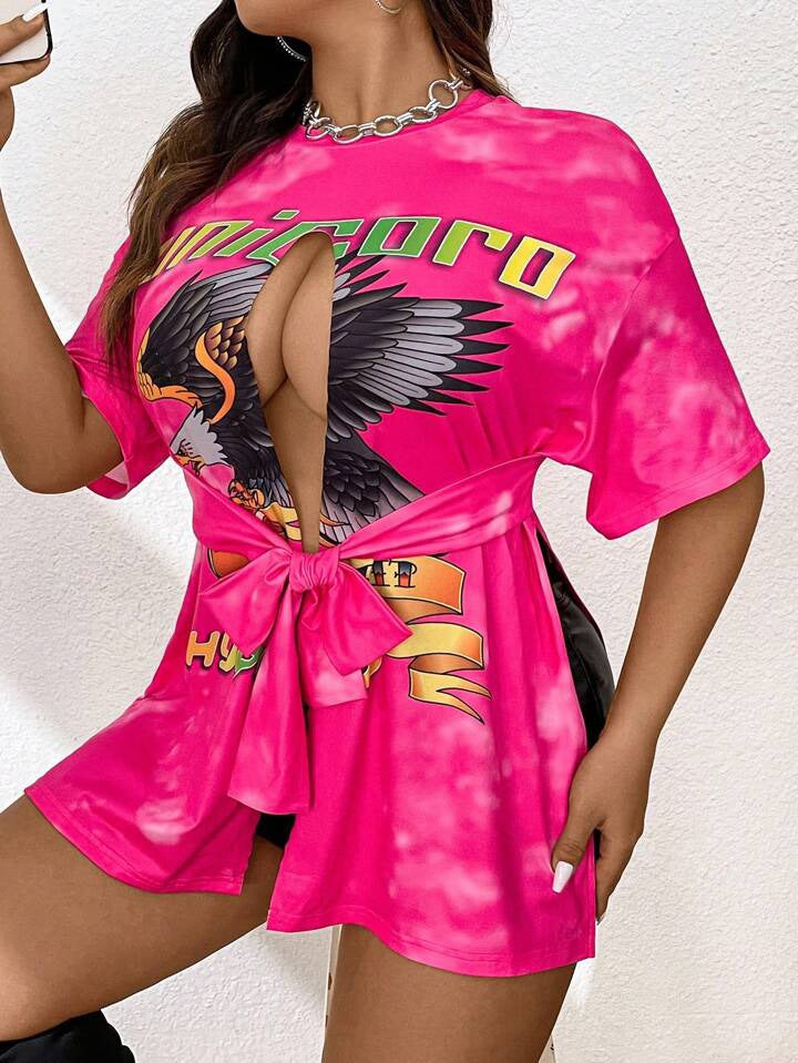 SIDE SLIT SHORT SLEEVE CASUAL T-SHIRT WITH LETTER AND EAGLE PRINT 2042