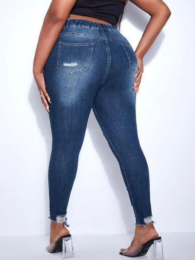 Drawstring Waist Ripped Frayed Hem Skinny Jeans ( Size US12 - US20)
