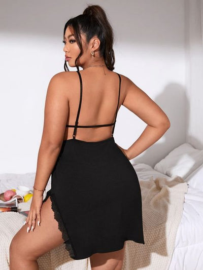Keyhole Neck Lace Trim Slit Side Backless Nightdress