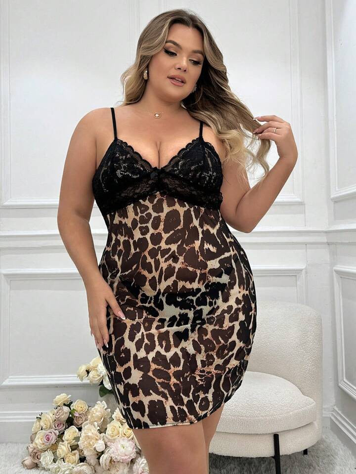 Leopard Print Lace Splice Backless  Strap Nightgown 29054