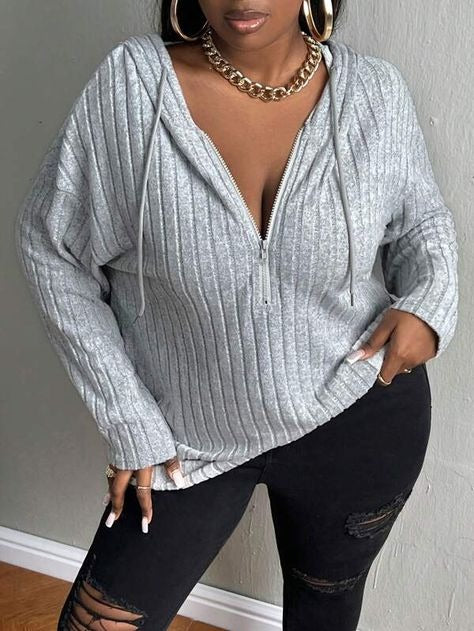 Half Zip Drop Shoulder Drawstring Hooded Tee