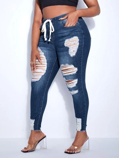Drawstring Waist Ripped Frayed Hem Skinny Jeans ( Size US12 - US20)