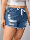 Drawstring Waist Ripped Raw Cut Denim Shorts (US12 - US20)