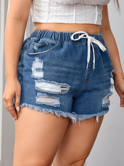 Drawstring Waist Ripped Raw Cut Denim Shorts (US12 - US20)