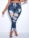 Drawstring Waist Ripped Frayed Hem Skinny Jeans ( Size US12 - US20)