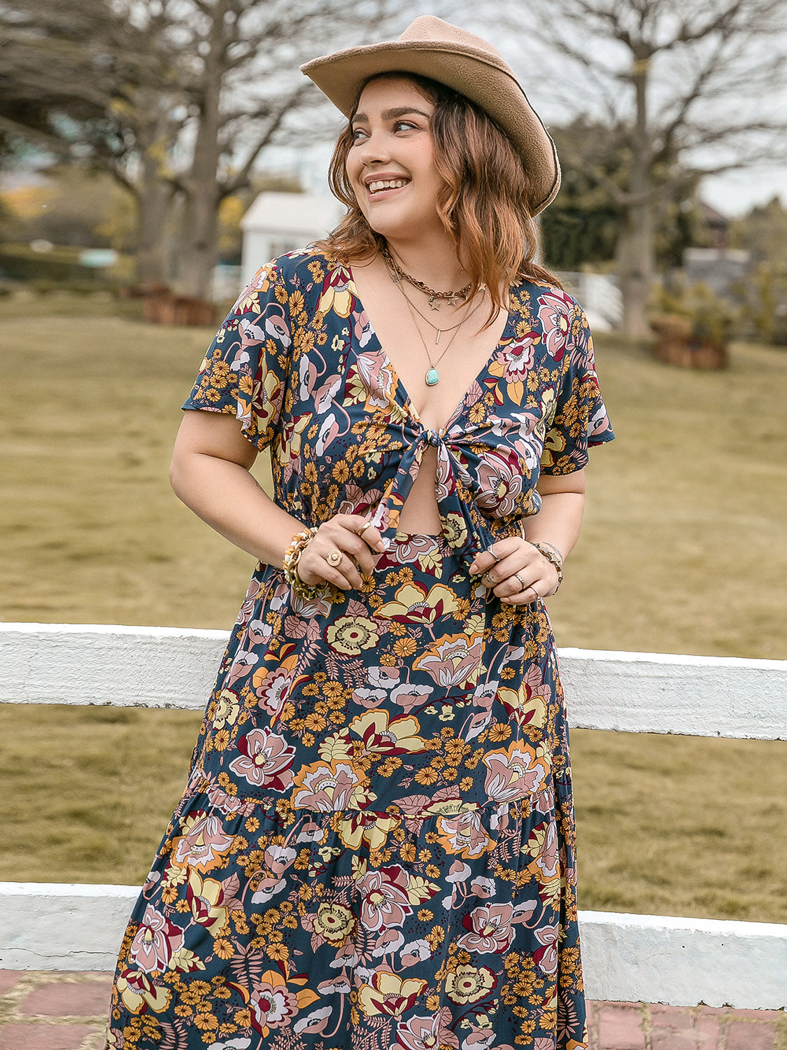 Tied Printed Short Sleeve Midi Dress