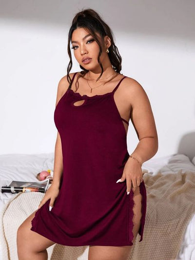 Keyhole Neck Lace Trim Slit Side Backless Nightdress