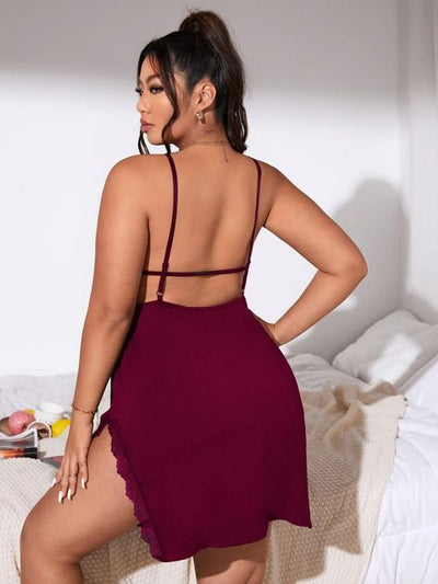 Keyhole Neck Lace Trim Slit Side Backless Nightdress