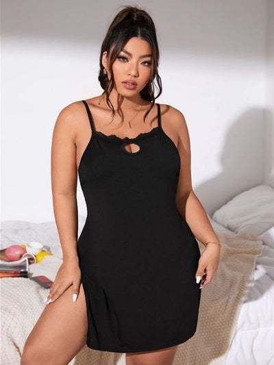 Keyhole Neck Lace Trim Slit Side Backless Nightdress