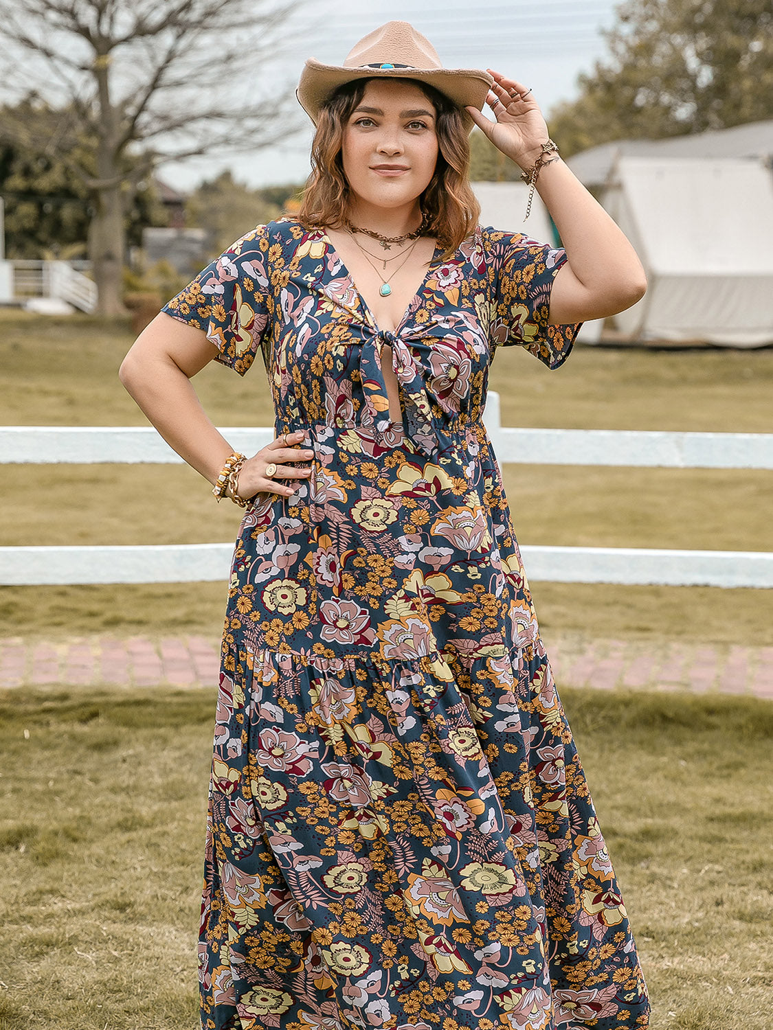 Tied Printed Short Sleeve Midi Dress
