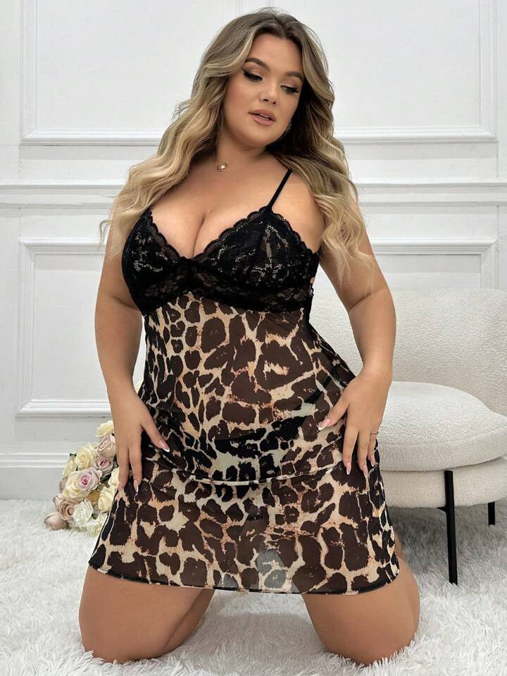 Leopard Print Lace Splice Backless  Strap Nightgown 29054