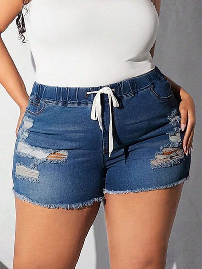 Drawstring Waist Ripped Raw Cut Denim Shorts (Size US22- US30)