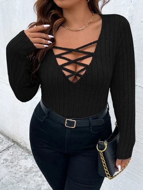 Crisscross Front Ribbed Knit Tee