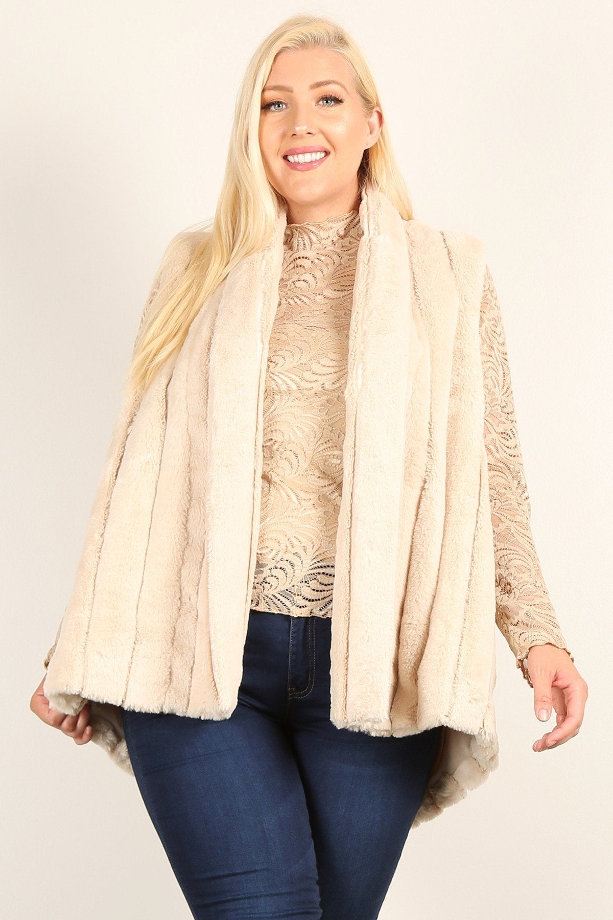 Fancy Faux Fur Vest Jacket With Open Front with Pockets