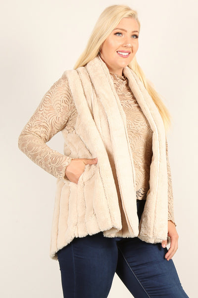 Fancy Faux Fur Vest Jacket With Open Front with Pockets